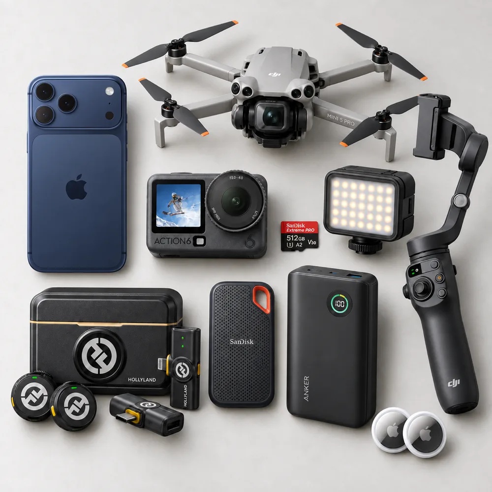 Equipo de viaje de Chenoaventuras: iPhone, dron DJI Mini, cámara de acción, estabilizador, micrófono inalámbrico, SSD, batería externa, foco LED, tarjeta microSD y AirTags