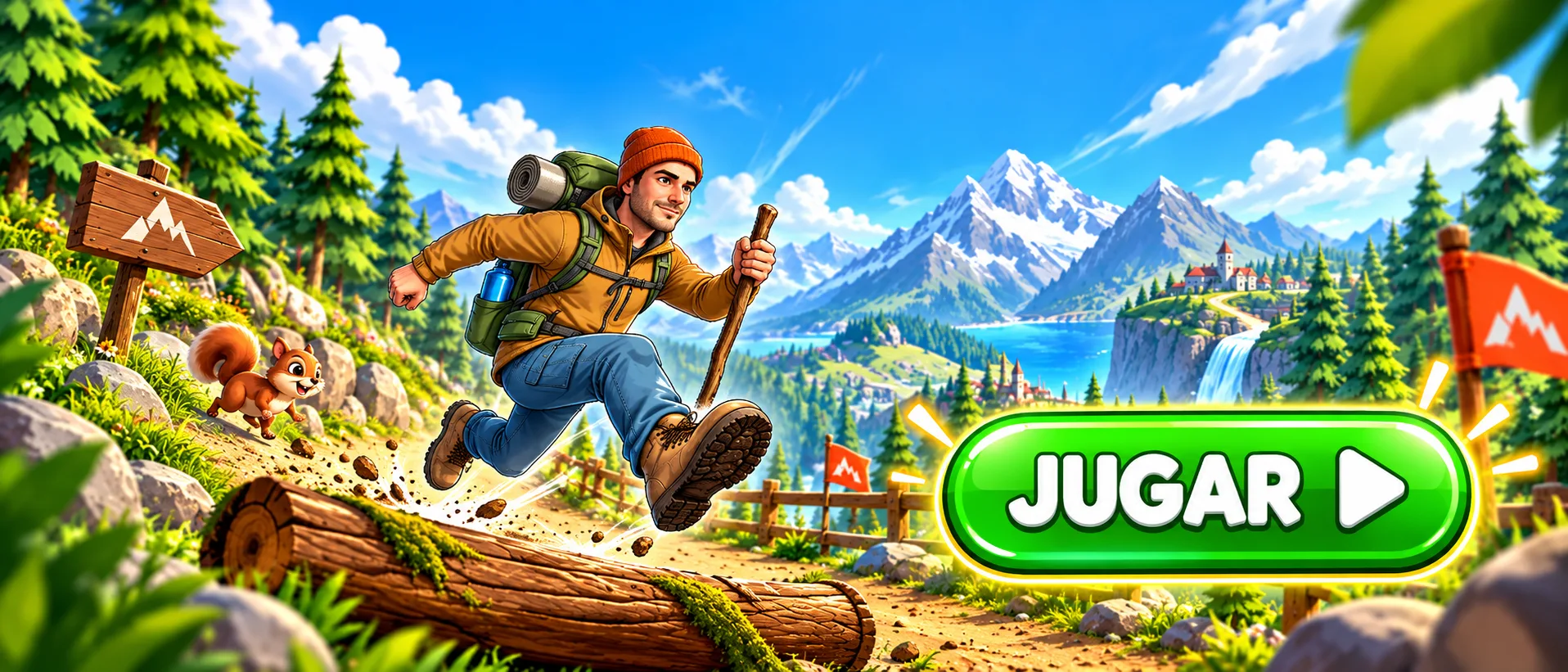 Aventurero corriendo por un sendero de montaña, con un botón de Jugar